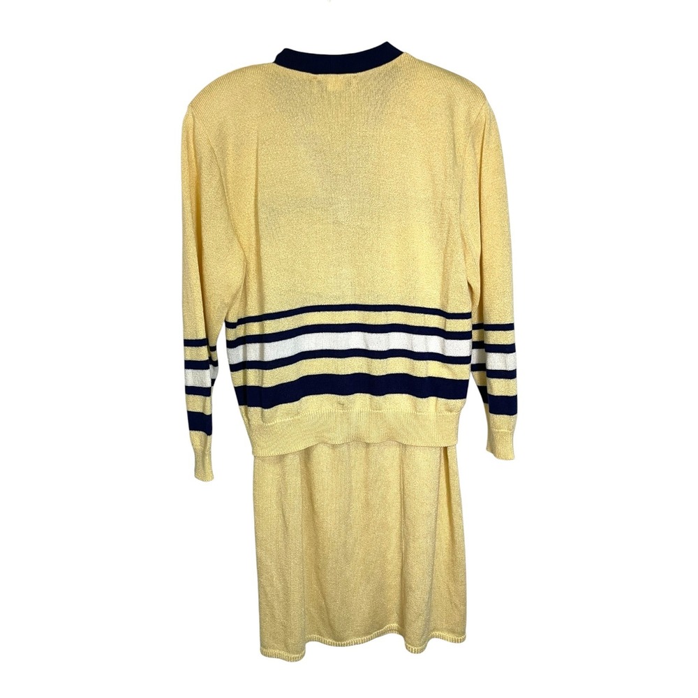 San Remo M Yellow Cardigan Skirt Set Striped Knit V-Neck Shoulder Pads Retro